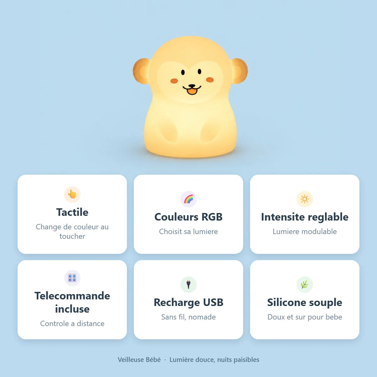Infographie veilleuse singe : tactile, RGB, telecommande, silicone