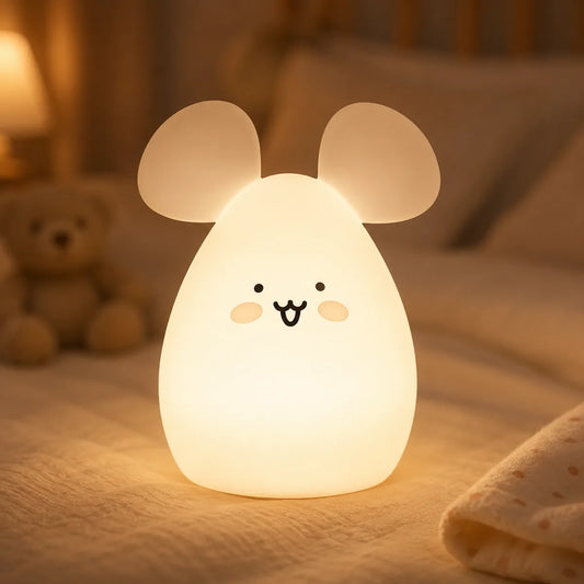 Veilleuse souris silicone allumee dans une chambre d'enfant cosy
