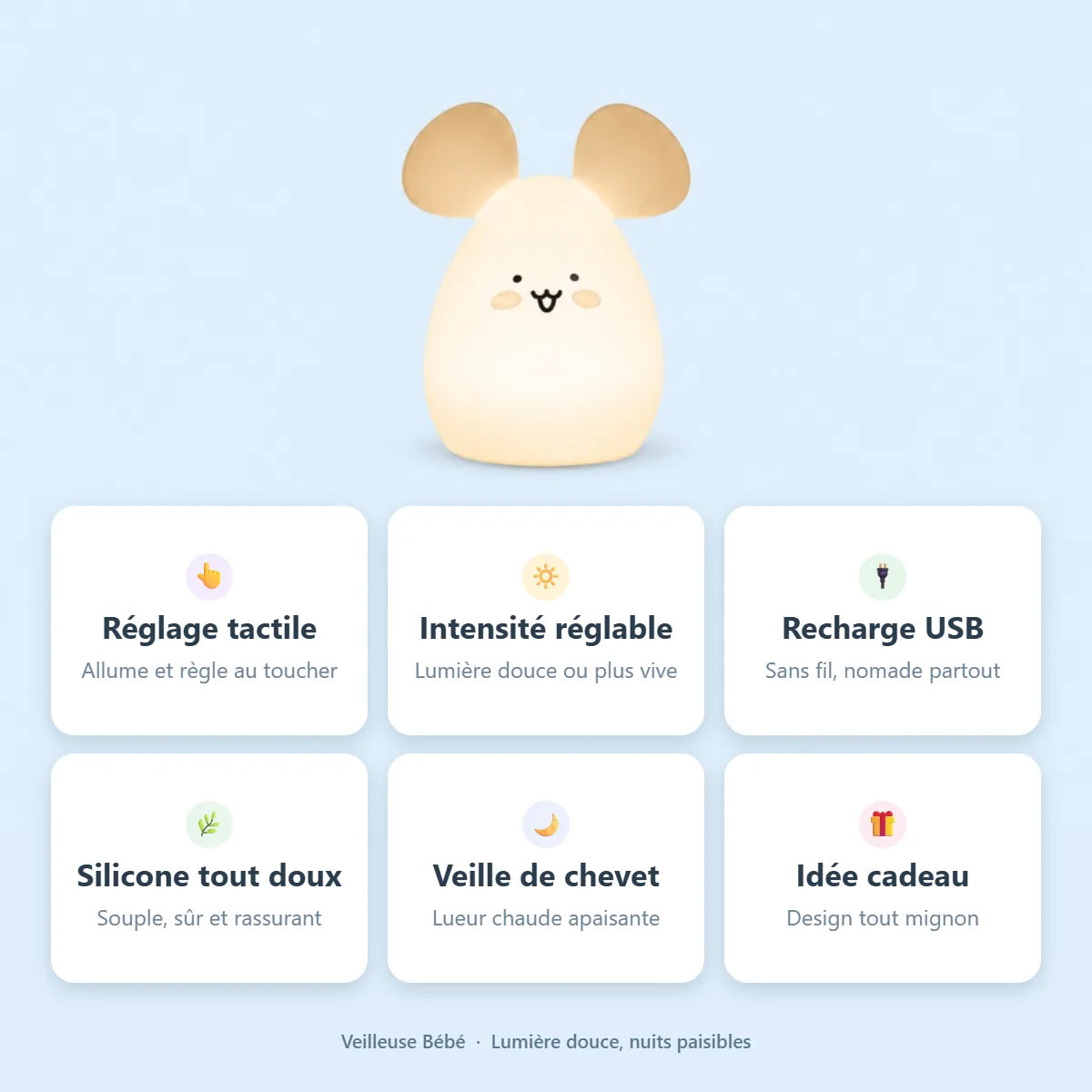Veilleuse souris : reglage tactile, intensite reglable, rechargeable USB, silicone doux